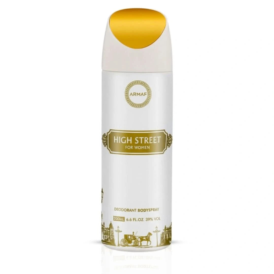 Armaf High Street Deodorant Spray 200ml bottle, featuring a sleek design and spray nozzle for freshening up.