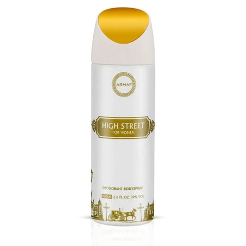 Armaf High Street Deodorant Spray 200ml bottle, featuring a sleek design and spray nozzle for freshening up.