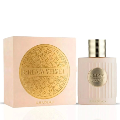 Cream Velvet Eau de Parfum spray by Khadlaj, 100ml, featuring a sleek bottle with a soft velvet finish and elegant design.