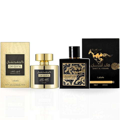 Lattafa Qaed Al Fursan 90ml and Confidential Private Gold 100ml Eau de Parfum spray bundle, featuring elegant fragrance bottles.