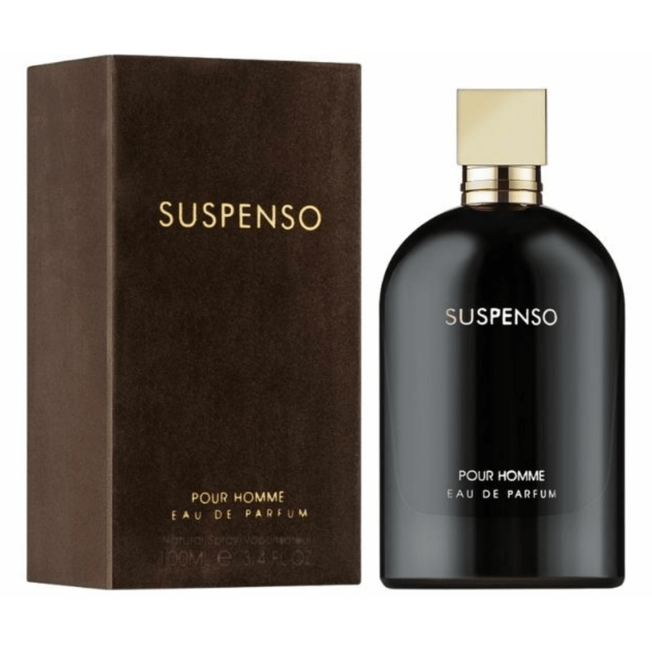 Fragrance World Suspenso Men EDP 100ML Eau de Parfum bottle with sleek design and black cap, displayed on a neutral background.
