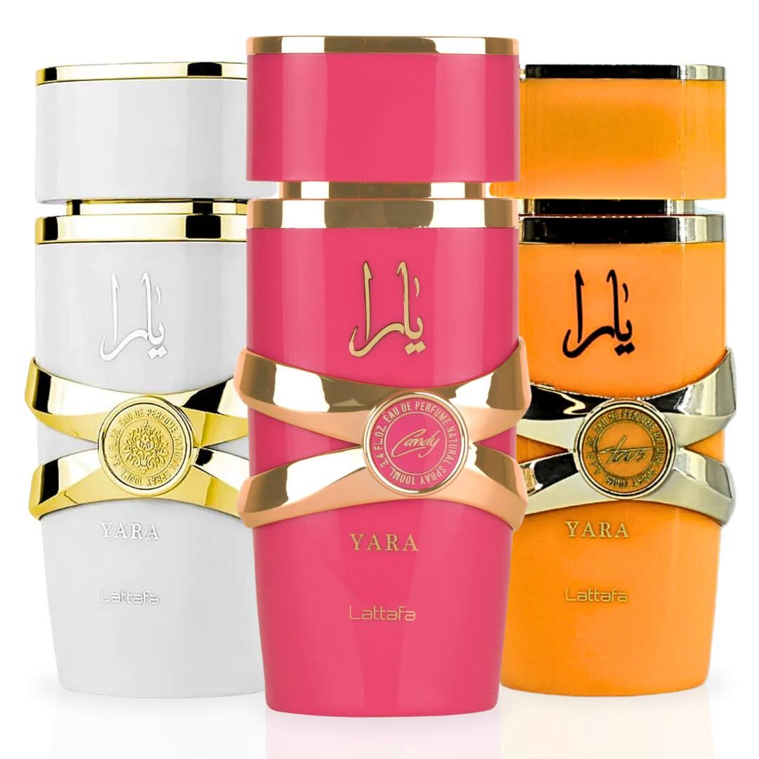 Lattafa Yara Candy, Yara Moi & Yara Tous Eau de Parfum spray bundle, featuring 100ml bottles with elegant packaging.