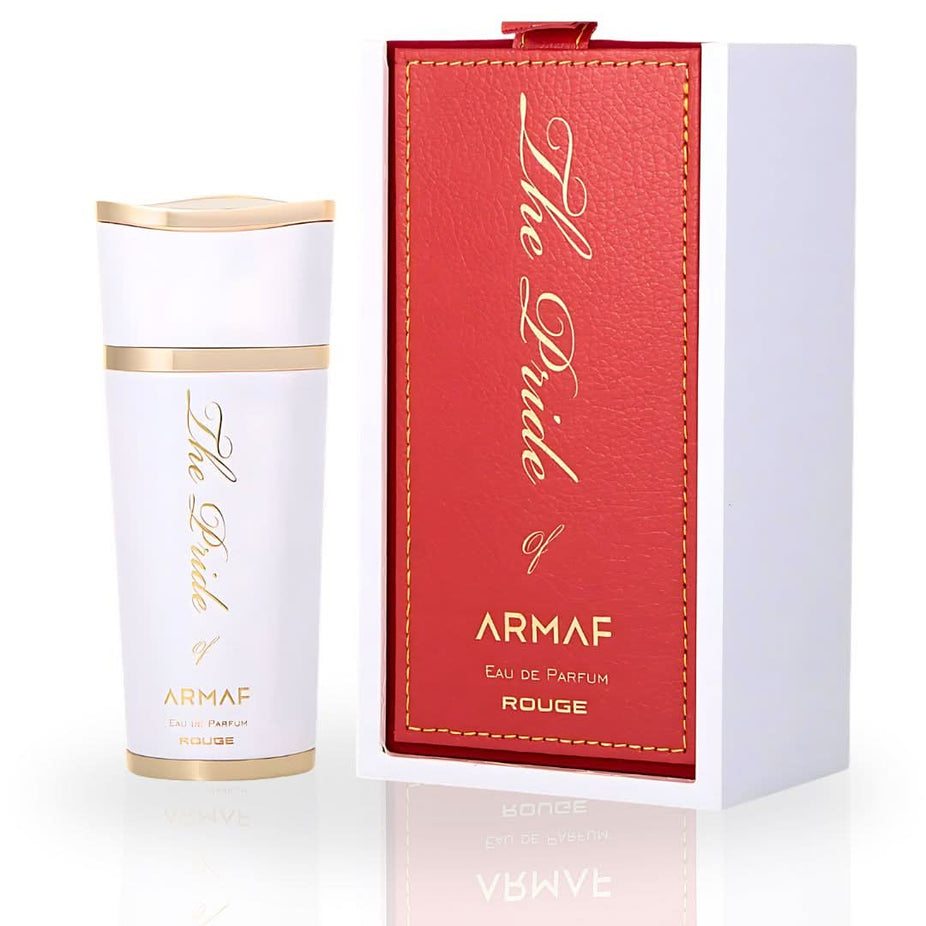 Armaf Pride of Armaf Rouge Pour Femme Eau De Parfum spray bottle in 100ml with elegant packaging and floral design.