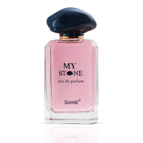 Surrati My Stone Eau de Parfum spray bottle with velvet pouch, 115ml, featuring elegant glass design and black cap.