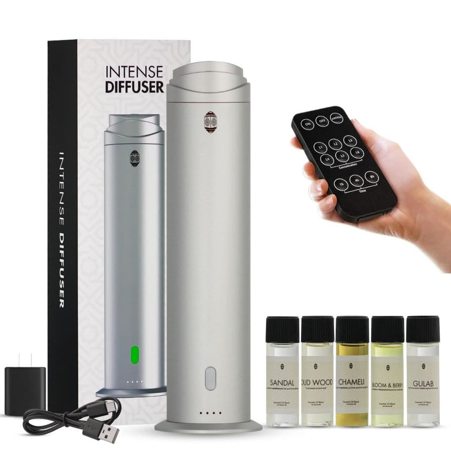 Intense Oud Silver Aromatherapy Diffuser with remote, 120ml, adjustable mist, timer, covers 1000 sq ft, waterless starter kit for home