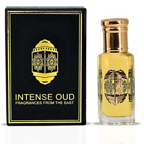 Intense Oud Attar Majmu perfume oil in a 12ml glass bottle with a black gift box, showcasing the luxurious loose perfume oil.