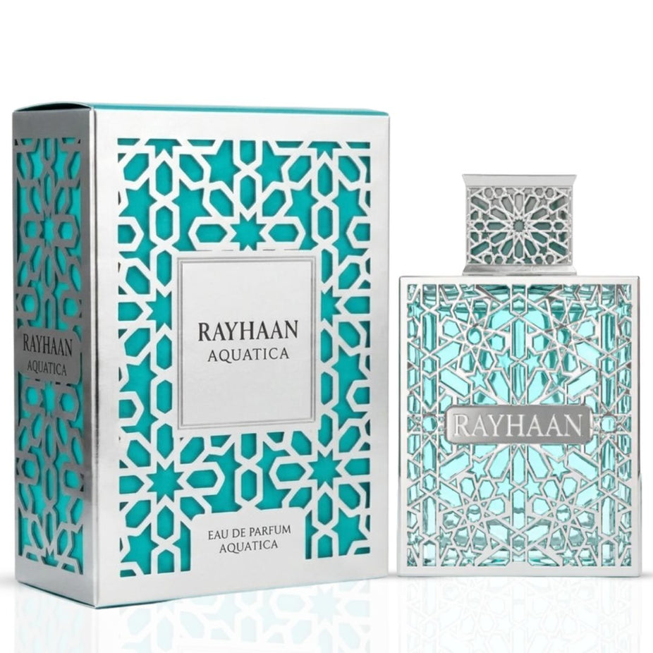 Rayhaan Aquatica Eau de Parfum spray bottle, 100ml, with elegant packaging and a sleek, modern design.