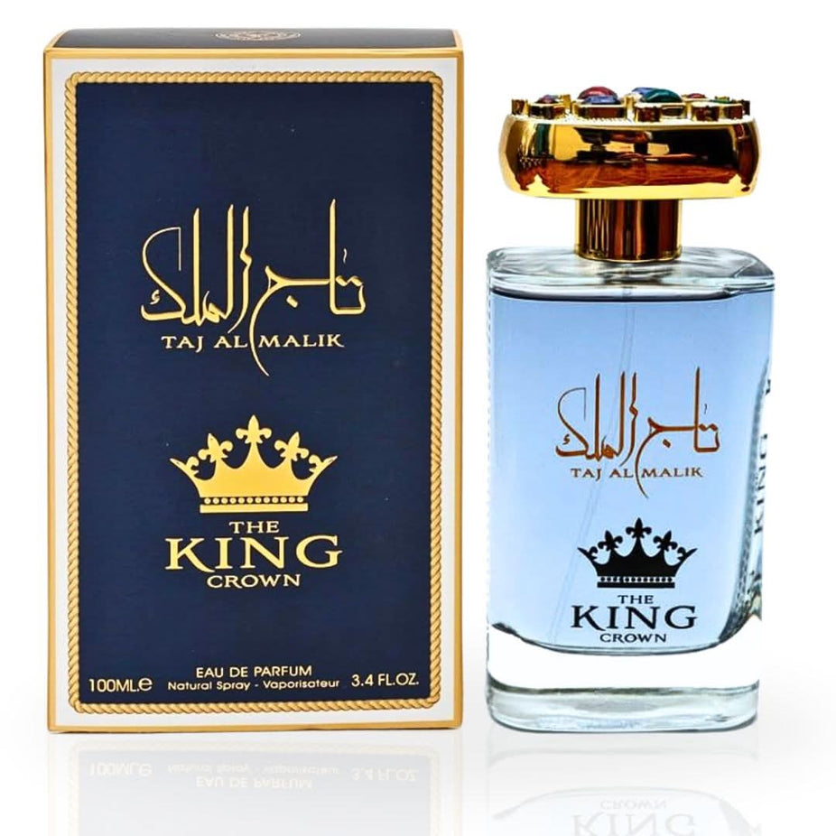 Taj Al Malik EDP spray by Ard Al Zaafaran, 100ML, featuring warm spicy and floral fragrance with elegant perfume bottle design.