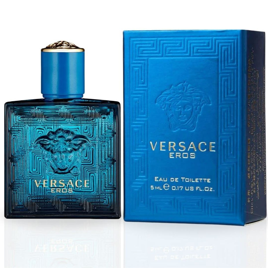 Versace Eros Cologne EDT mini 5ML bottle, long-lasting and luxurious fragrance, with sleek design and vibrant label.
