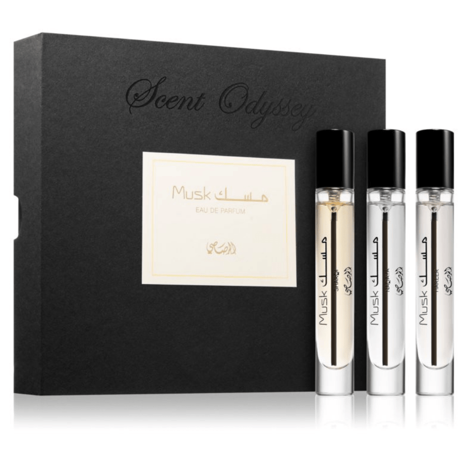 Rasasi Scent Odyssey Musk perfume gift set with three 7.5ML bottles displayed in a elegant box.