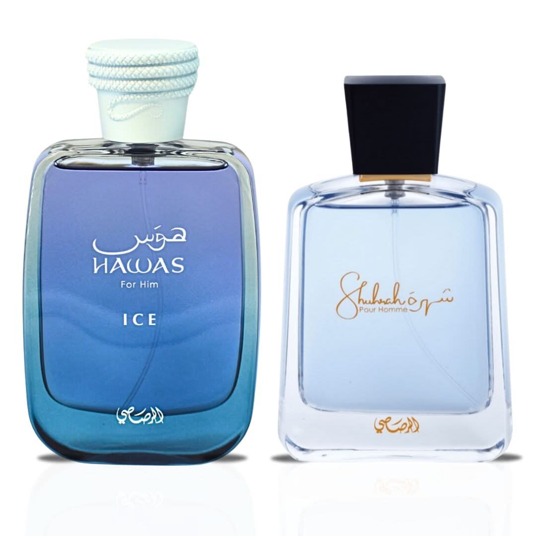 Rasasi Hawas Ice 100ml and Shuhrah for Men 90ml Eau de Parfum sprays displayed in a bundle, showcasing their sleek bottles.