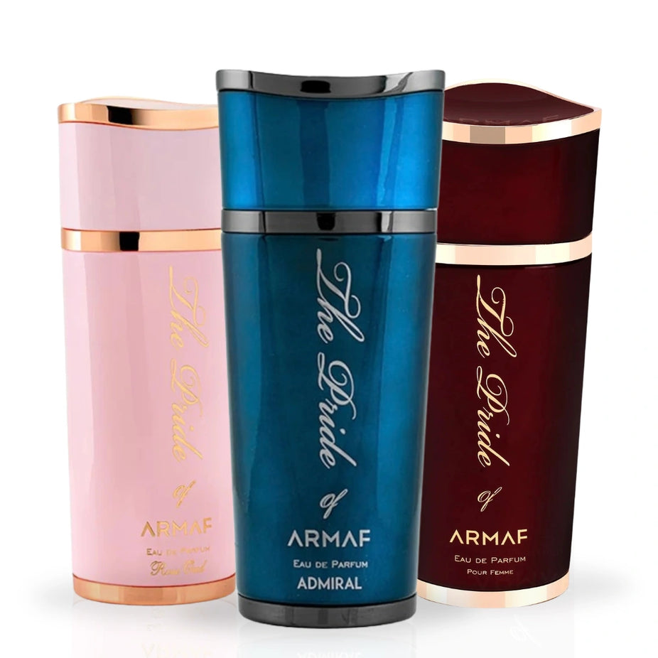Bundle of Armaf Pride of Armaf Admiral Rose Oud Femme and Pour Femme Eau de Parfum sprays, 100ML bottles with elegant packaging