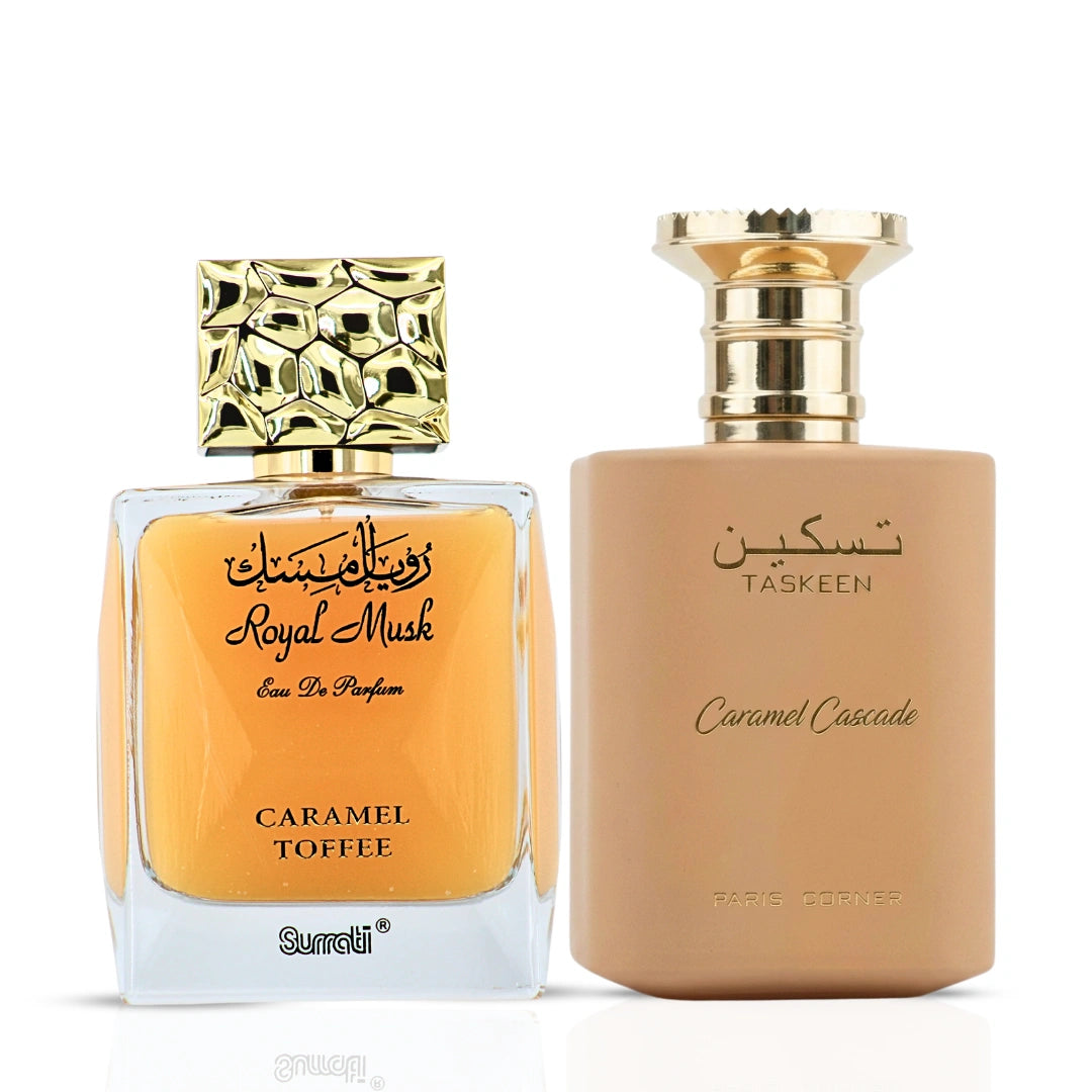 Bundle of Intense Oud Royal Musk Caramel Toffee and Paris Corner Caramel Cascade Eau de Parfum sprays in 100ml bottles.