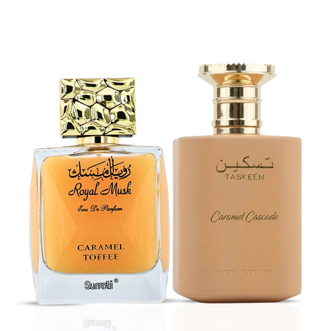 Bundle of Intense Oud Royal Musk Caramel Toffee and Paris Corner Caramel Cascade Eau de Parfum sprays in 100ml bottles.
