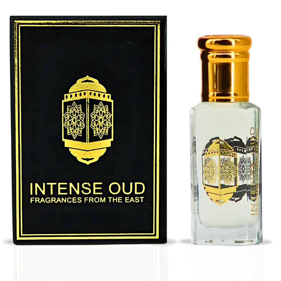 Intense Oud Khalab perfume oil in a 12ml bottle, displayed with a black gift box, showcasing the luxurious loose oil packaging.