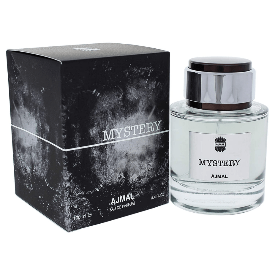 Ajmal Mystery for Men Eau De Parfum 100 ML bottle, sleek design with a dark-colored cap and elegant packaging.