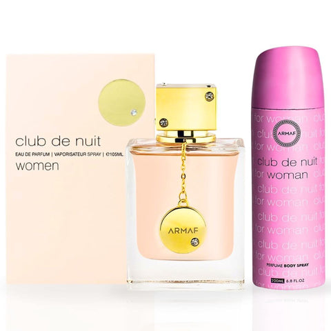 Armaf Club De Nuit Women Eau de Parfum spray and perfumed body spray bundle, featuring 105ml perfume and 200ml body spray