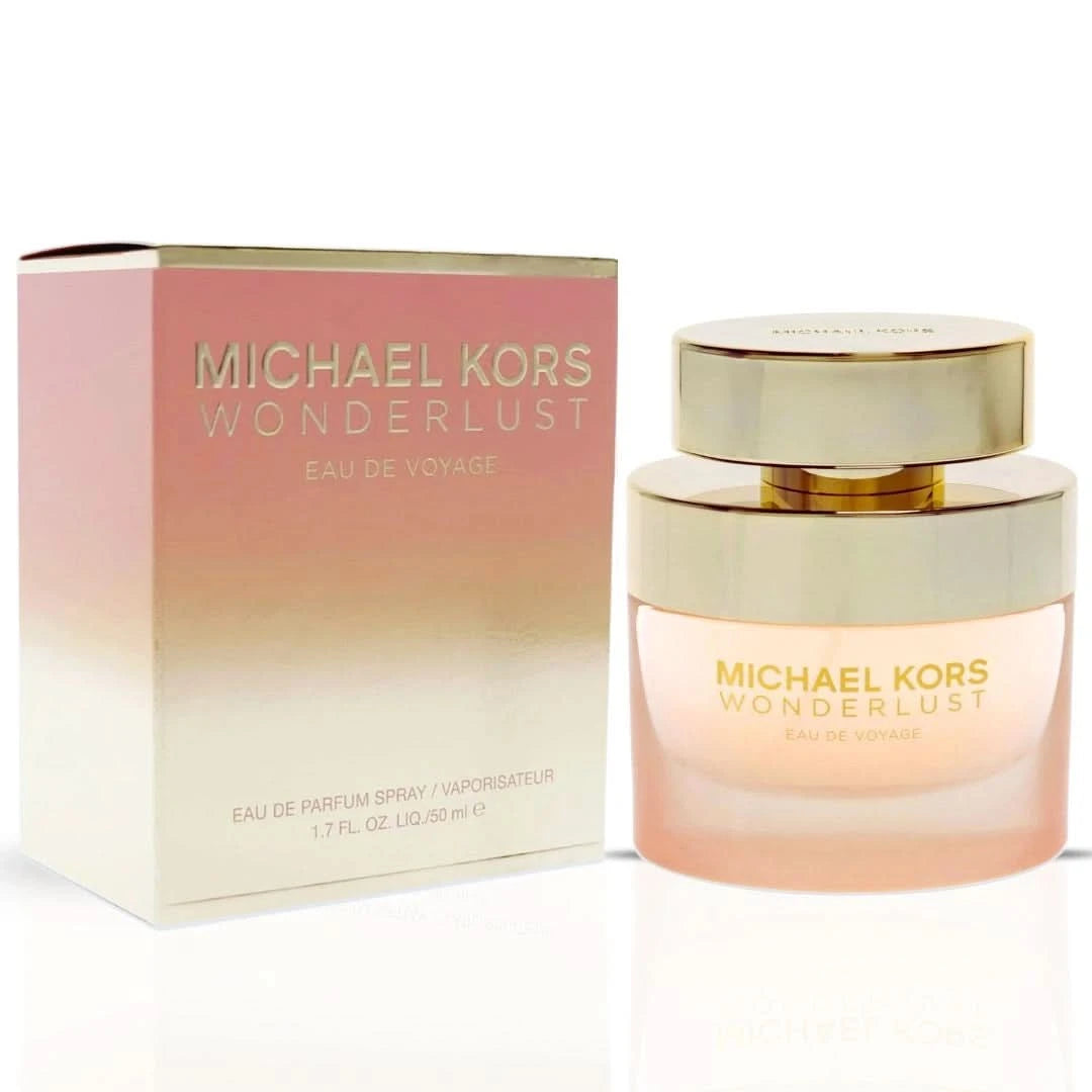 Michael Kors Wonderlust Eau de Voyage Eau de Parfum spray, 50ml, featuring elegant packaging and a luxurious fragrance bottle.