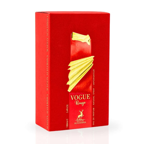 Maison Alhambra Vogue Rouge Eau de Parfum spray 100ml bottle with elegant design and branding visible.