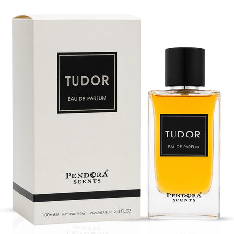 Paris Corner Pendora Scents Tudor Eau de Parfum Spray 100ml bottle, elegant glass packaging with perfume liquid visible inside.