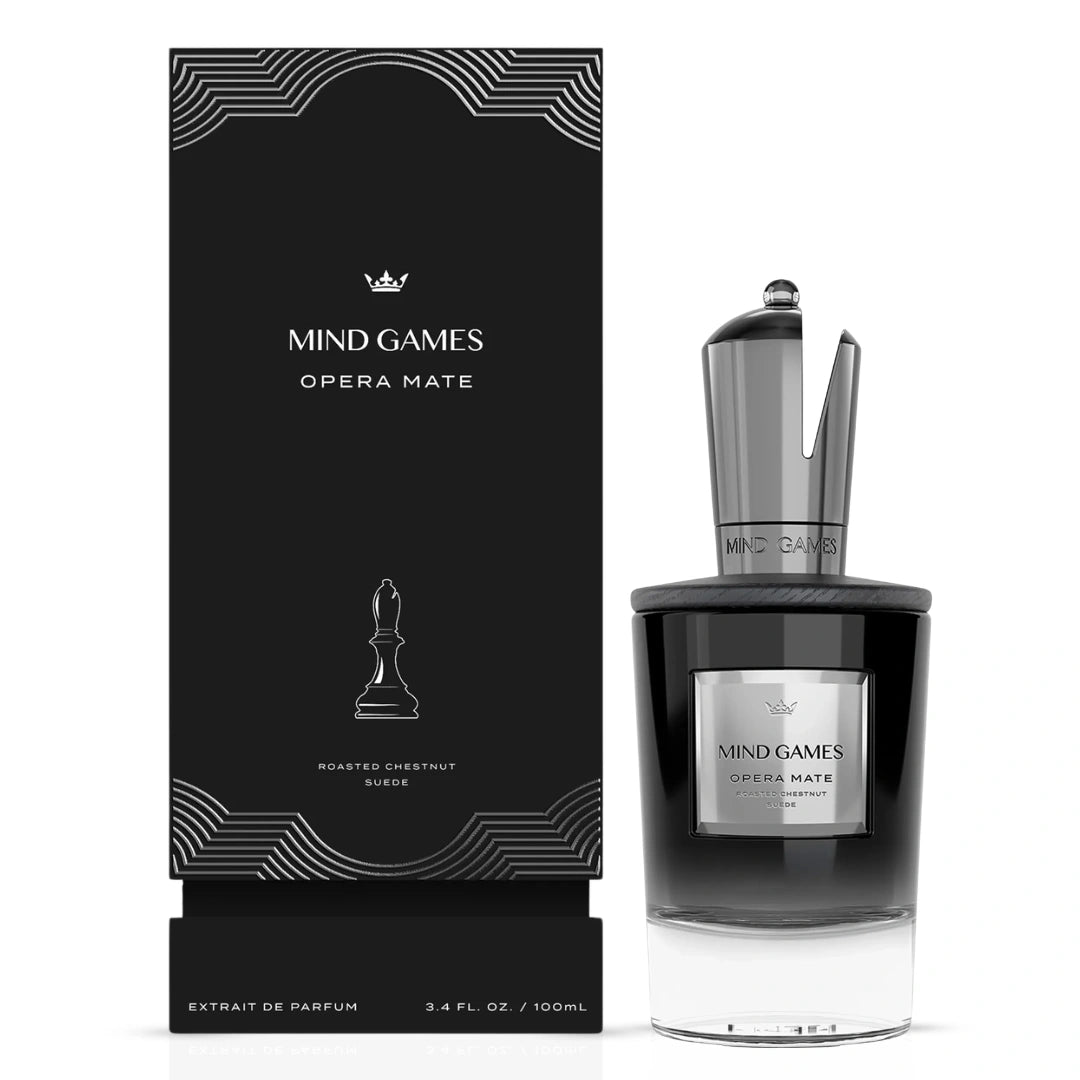 Opera Mate Extrait de Parfum 100ml by Mind Games, elegant bottle of EDP fragrance with a sleek design.