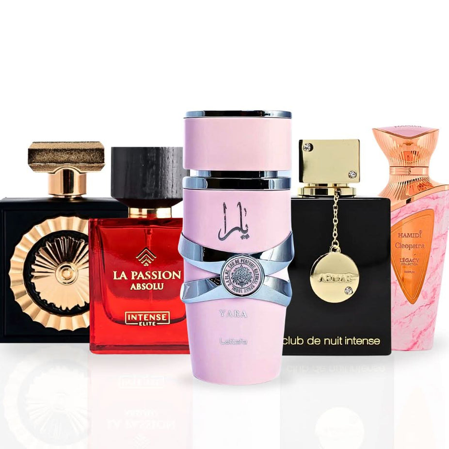 Assorted Intense Oud Eau de Parfum sprays for women, featuring Yara, Nebras, Cleopatra, Club De Nuit Intense and La Passion Absolu.