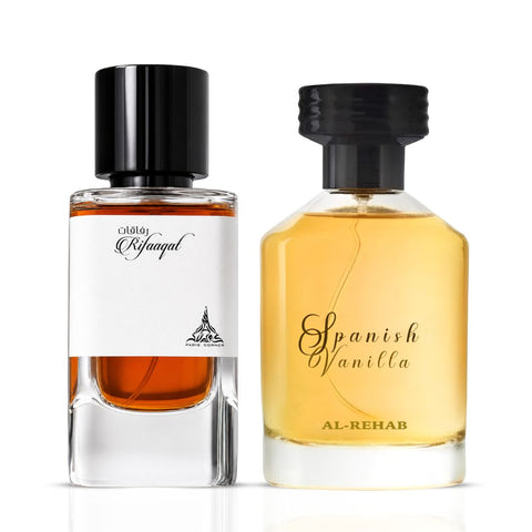 Rifaaqat 80ml (2.7 oz) by Paris Corner & Spanish Vanilla 100ml (3.4 oz) by Al Rehab Eau de Parfum Sprays (Bundle)