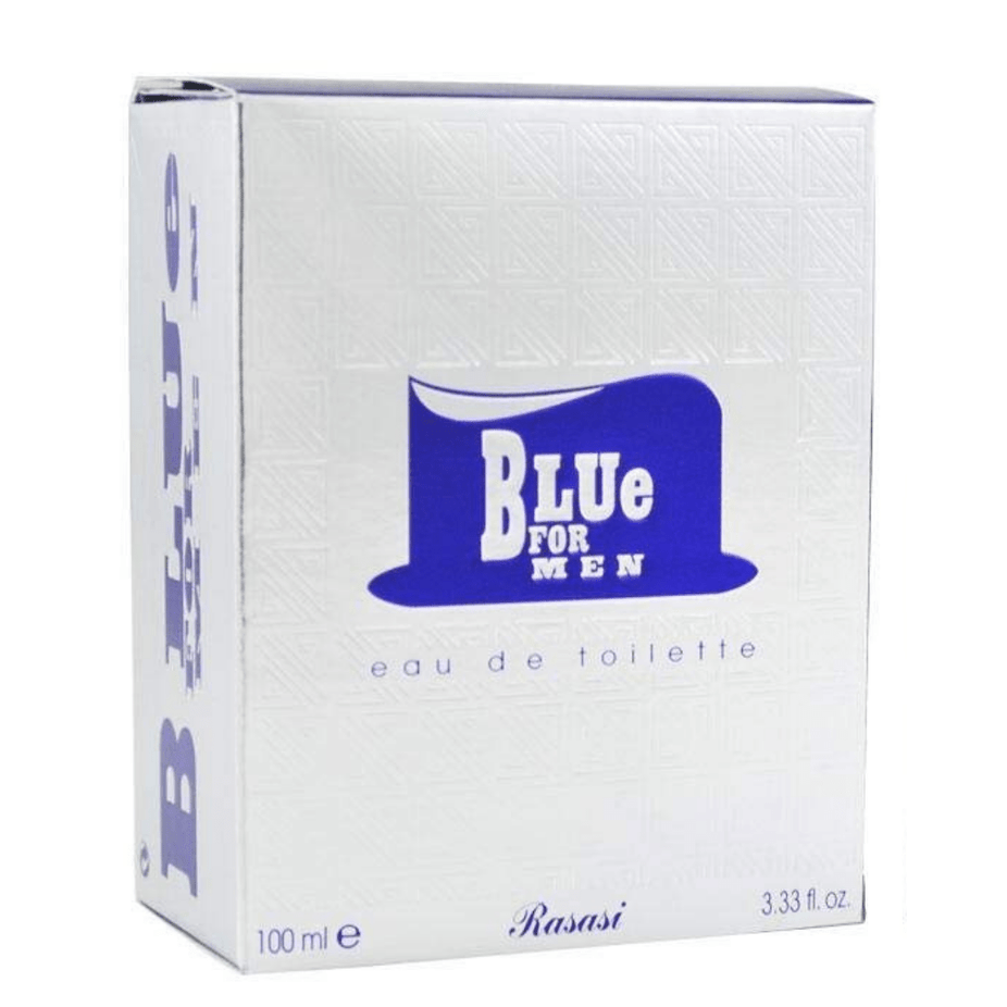 Blue for Men Eau De Toilette by Rasasi, 100ML bottle with sleek blue packaging and silver cap.