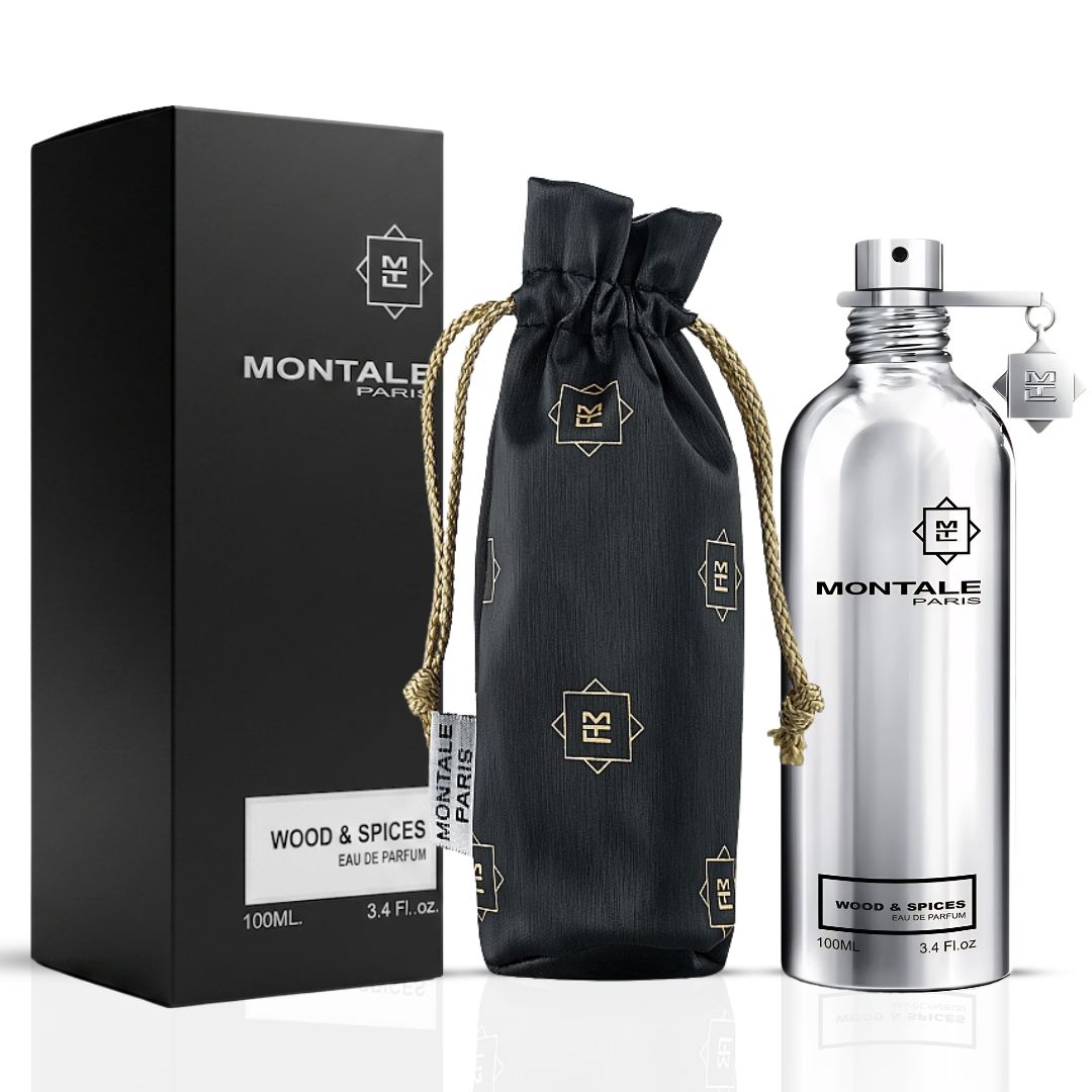 Montale Wood & Spices Eau de Parfum spray bottle, 100ml, with elegant packaging and detailed label featuring the Montale brand.