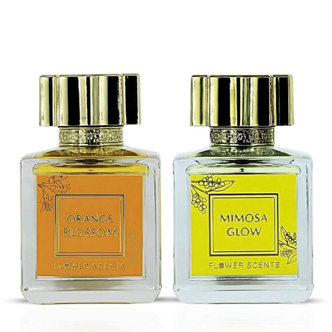 Flower Scents Orange Blossom & Mimosa Glow Eau de Parfum bundle with two 65ml spray bottles featuring floral scents.