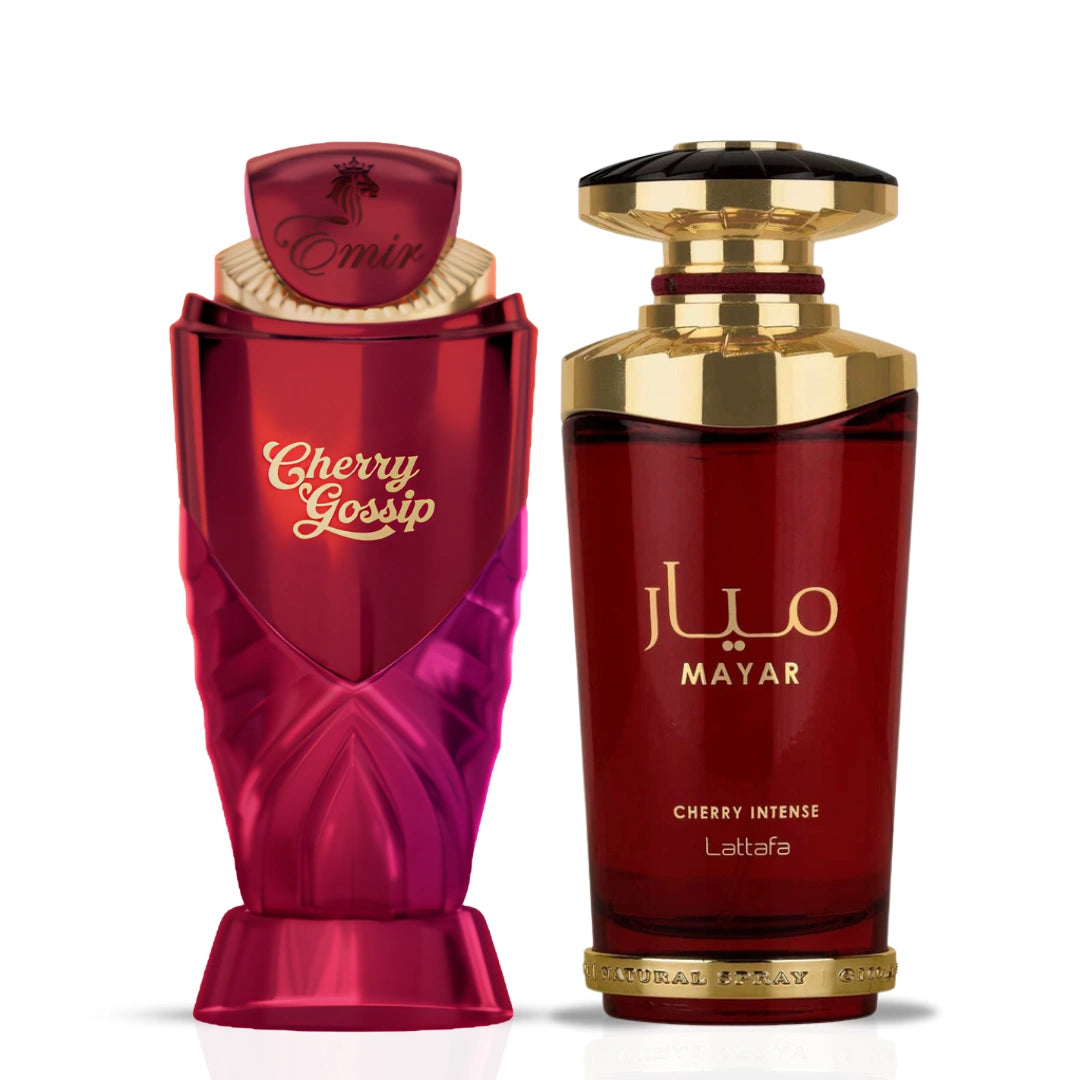 Bundle of Mayar Cherry Intense Eau de Parfum and Cherry Gossip Eau de Parfum bottles by Intense Oud, featuring cherry scent bottles.