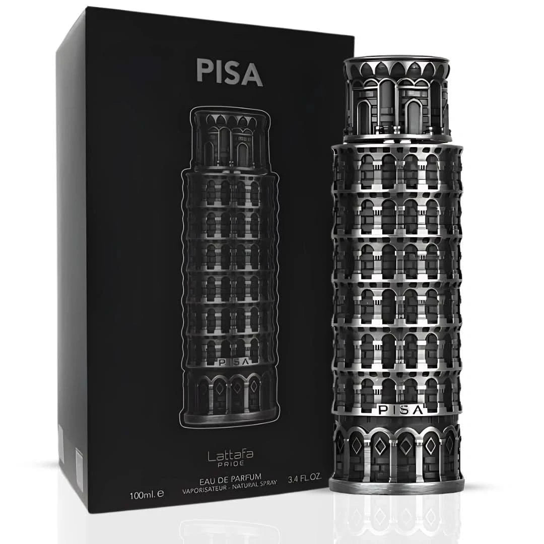 Lattafa Pisa Eau de Parfum spray bottle, 100ml, featuring elegant packaging and branding for a sophisticated fragrance.