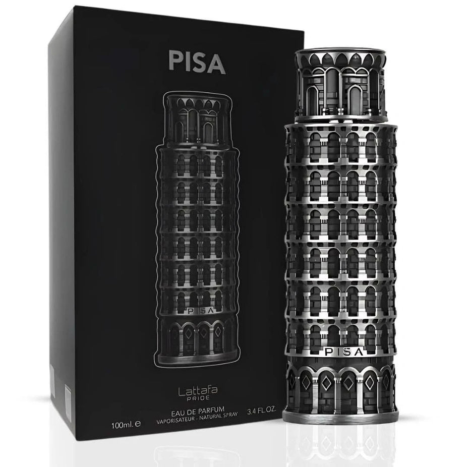Lattafa Pisa Eau de Parfum spray 100ml bottle with elegant packaging and fragrance details visible in the image.