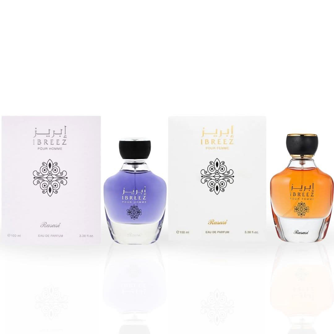 Rasasi Ibreez Pour Homme and Pour Femme Eau de Parfum sprays in 100ml bottles, displayed together in a bundle.