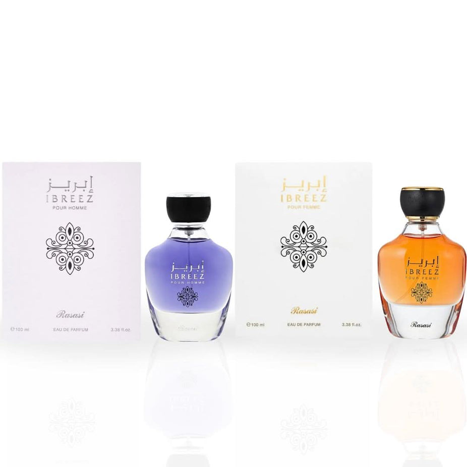 Rasasi Ibreez Pour Homme and Pour Femme Eau de Parfum spray bottles, 100ml each, shown in a bundle with elegant packaging.