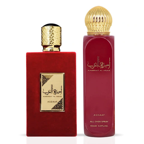 Ameerat Al Arab Eau de Parfum Spray 100ml (3.4 oz) & All Over Spray 150ml (5.07 oz) by Asdaaf | A Scent Fit For A Queen (Bundle) - Intense Oud