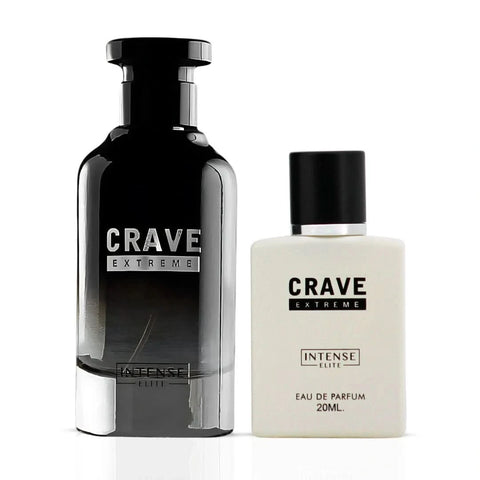 Intense Elite Crave Extreme Eau de Parfum bundle with 100ml and mini 20ml spray bottles, featuring bold fragrance packaging.