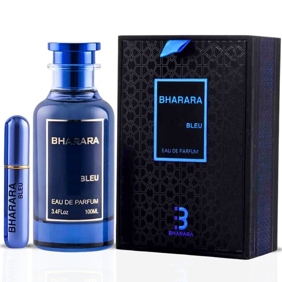Bharara Bleu Pour Homme Eau de Parfum spray bottle, 100ml, with sleek blue and silver design, showcasing the BHARARA branding.