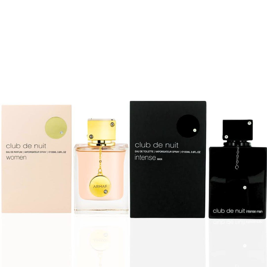 Armaf Club De Nuit Intense for Men EDT and Club De Nuit for Women EDP in 105ml bottles, shown side by side in a value pack.