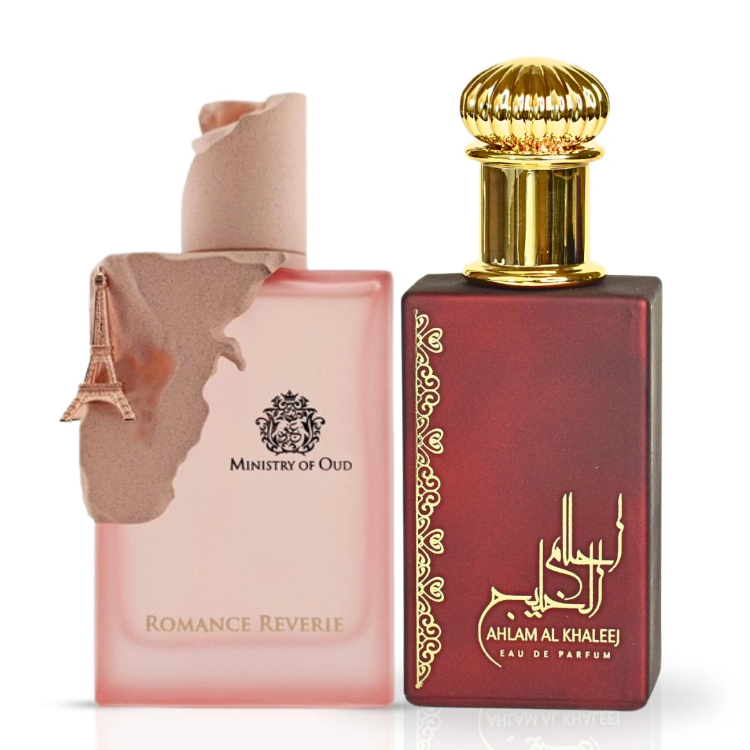 Intense Oud Ministry of Oud Romance Reverie Eau de Parfum spray 100ml and Ard Al Zaafaran Ahlam Al Khaleej EDP 80ml bundle.