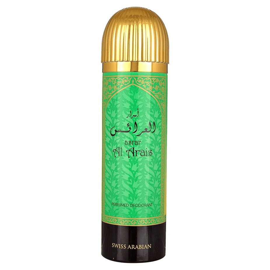 Swiss Arabian Asrar Al Arais deodorant spray bottle, 200ml, with sleek packaging and clear product label visible.