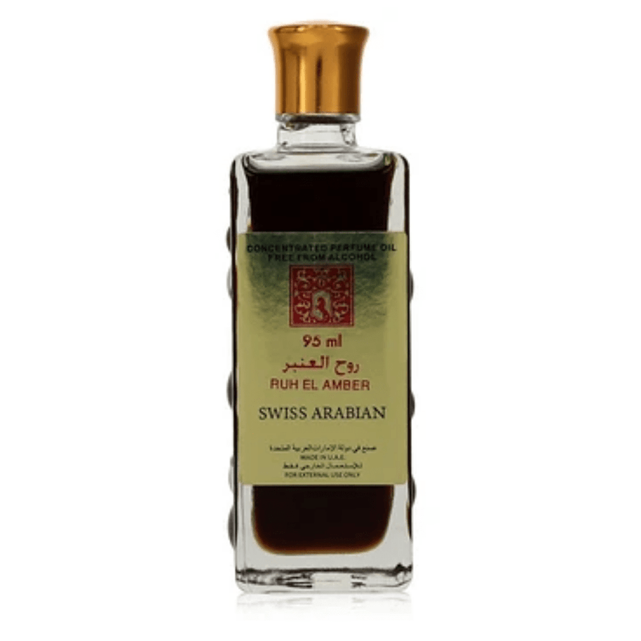 Swiss Arabian Ruh El Amber perfume oil bottle, 95 ML, in sleek packaging, showcasing the concentrated perfume oil CPO by Swiss Arabian.