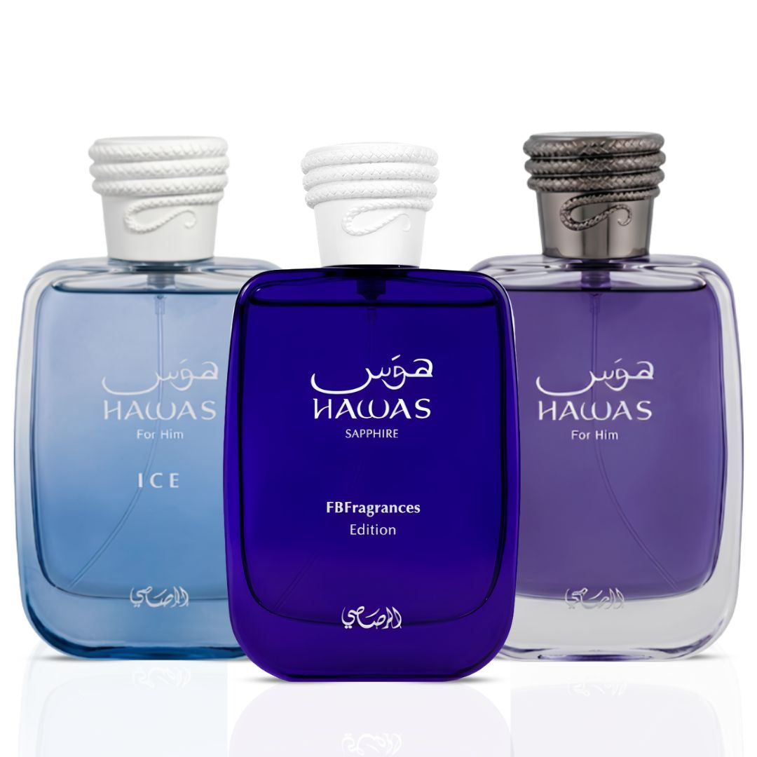 Rasasi Hawas Sapphire, Hawas Men & Hawas Ice Eau de Parfum Sprays 100ml (3.4 oz) by Rasasi (Bundle)