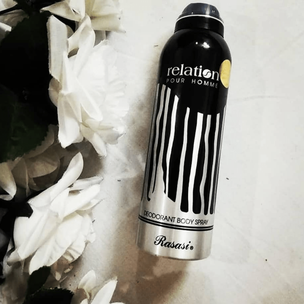 Rasasi Chastity & Relation deodorant for men in a 200ML spray bottle, featuring sleek packaging and branding.