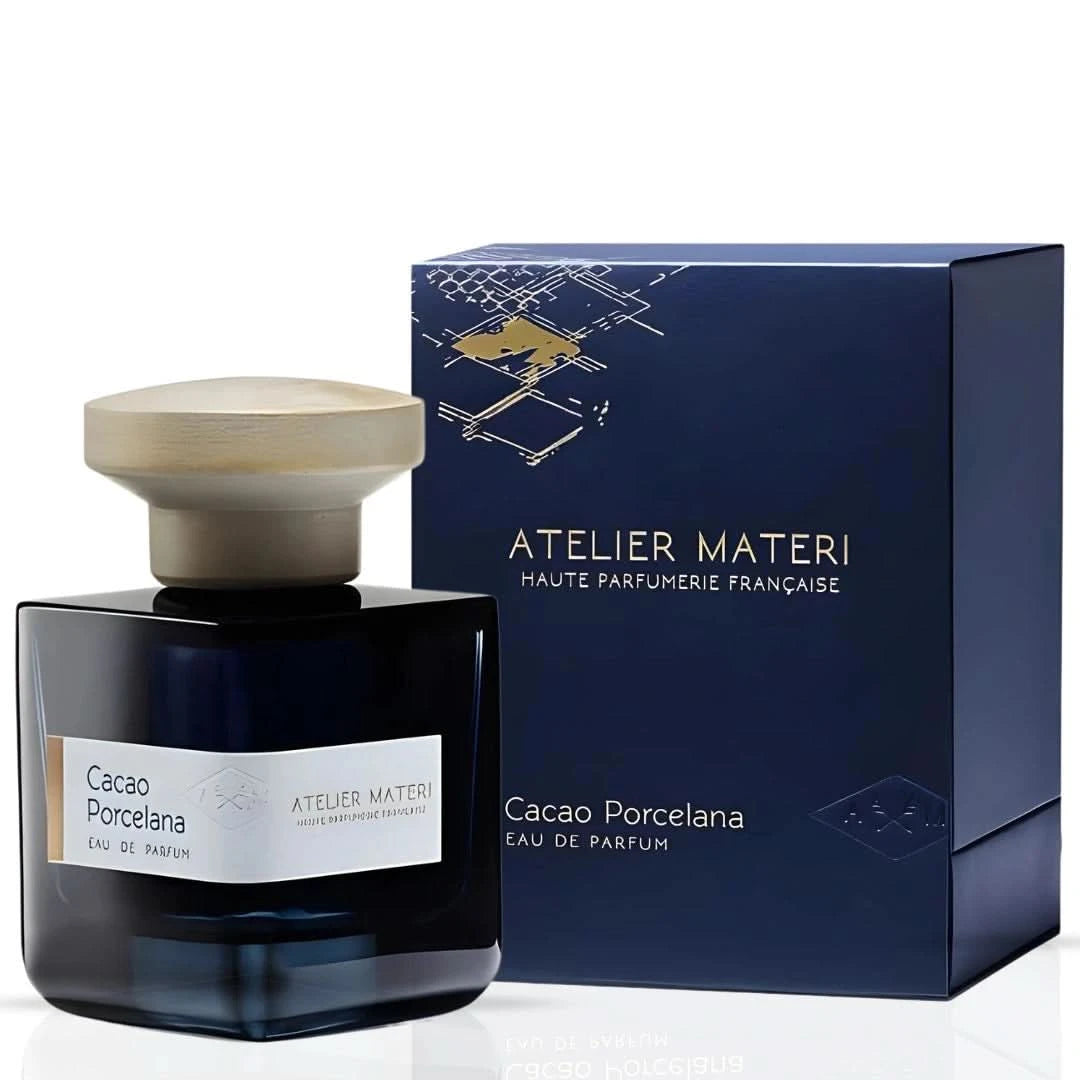 Atelier Materi Cacao Porcelana Eau de Parfum spray bottle, 100ml, with elegant packaging and floral and cacao scent notes.