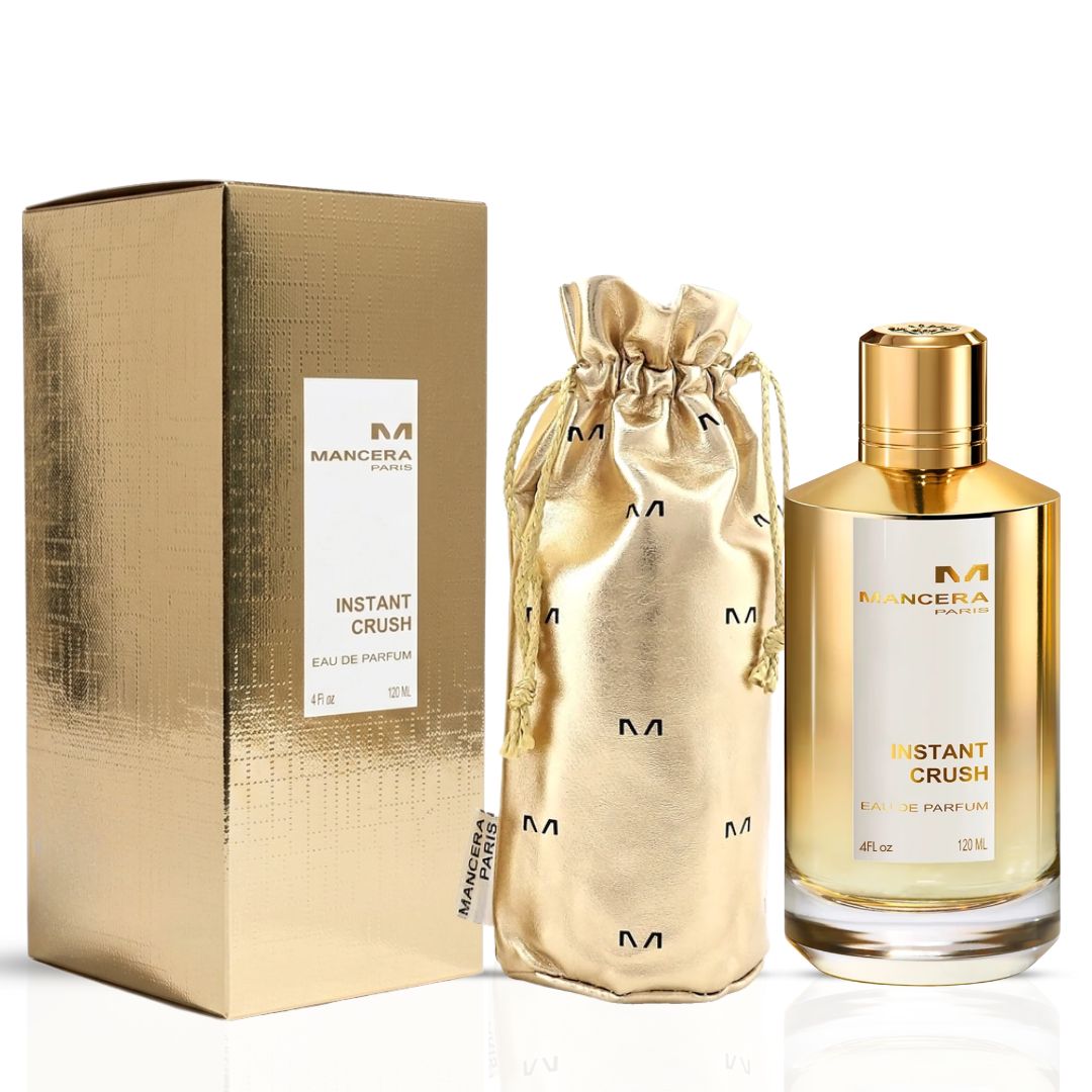Mancera Instant Crush Eau de Parfum spray bottle, 120ml, with elegant packaging and perfume details visible.