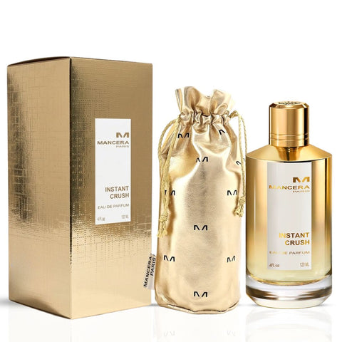Mancera Instant Crush Eau de Parfum spray bottle, 120ml, with elegant packaging and perfume details visible.