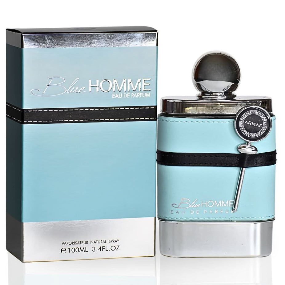 Blue Homme EDP Spray by Armaf, 100ML, showcasing the sleek perfume bottle with a blue cap and elegant design.