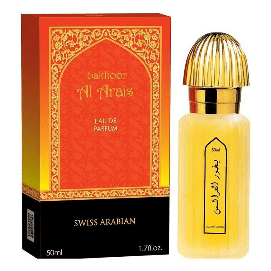 Swiss Arabian Bakhoor Al Arais EDP 50ml perfume bottle with elegant packaging and floral fragrance design.