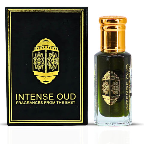 Jannet El Firdaus perfume oil by Intense Oud in a 12ml glass bottle, displayed with a sleek black gift box.